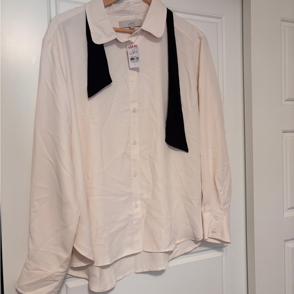 LOFT Cream Blouse with Black Tie Detail - Picture 1 of 5